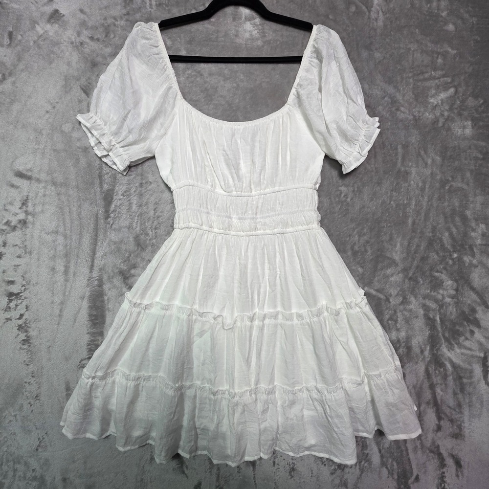 Streetwear Society White Smocked Tiered Mini Dress Puff Sleeve Size L